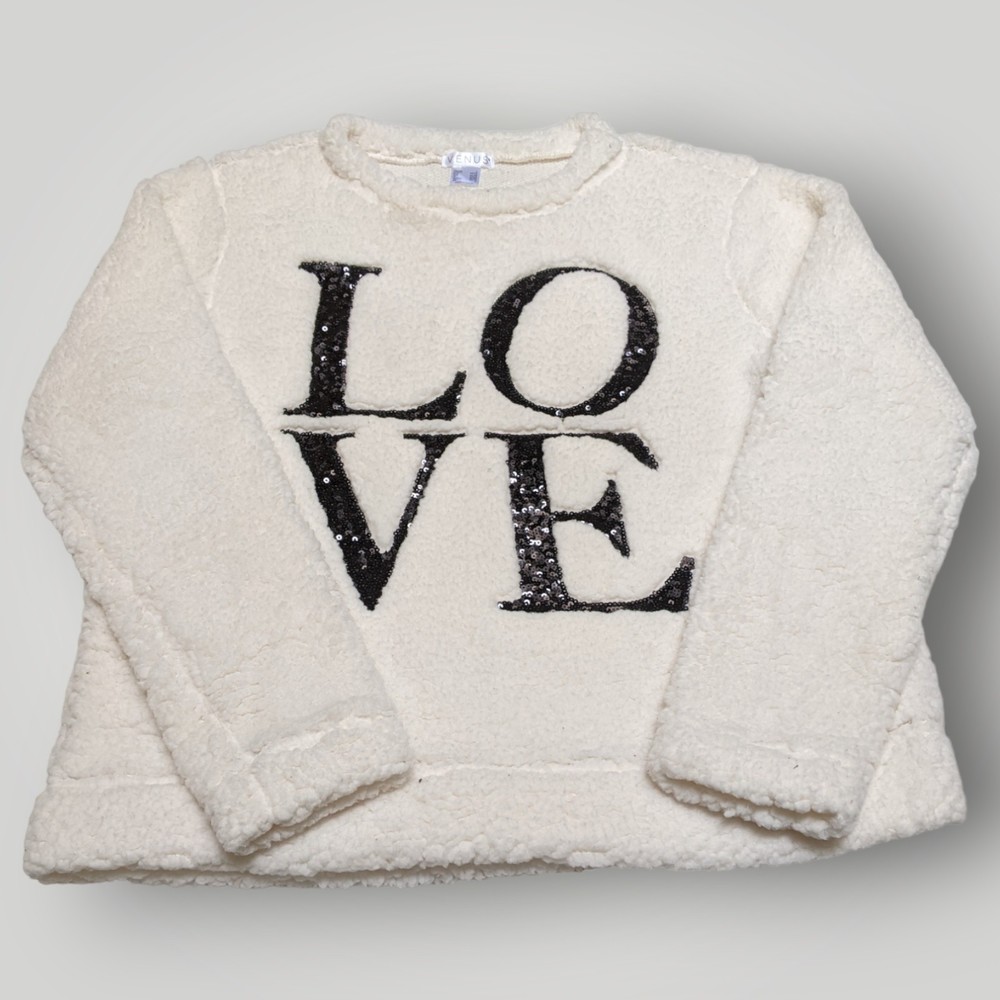 Venus Women's L White Fluffy Sherpa LOVE Long Sleeve Pullover Sweater Sweatshirt